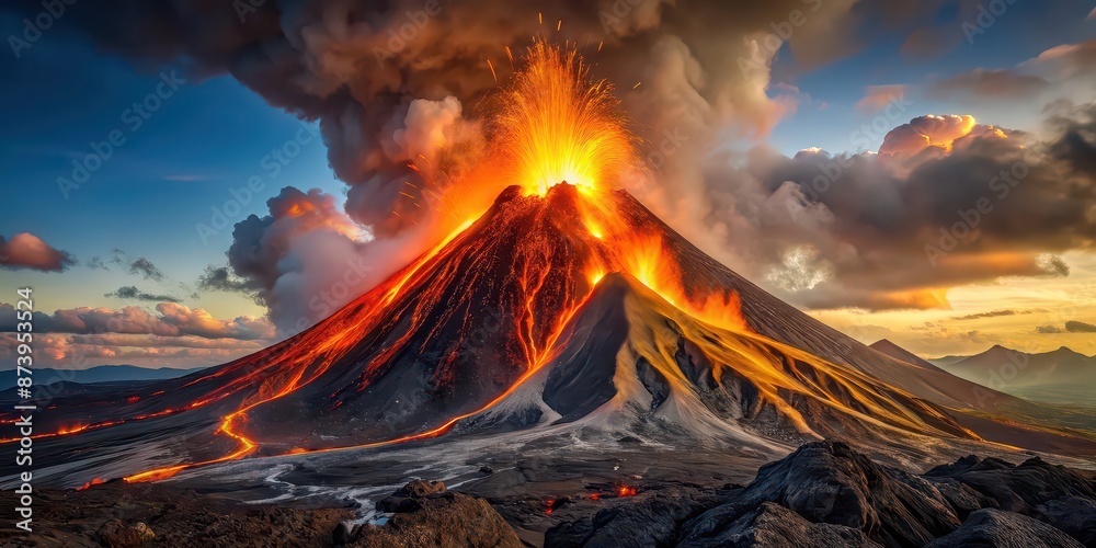 Volcano With Rocks Active volcano erupting with lava flowing down its slopes, volcano ...