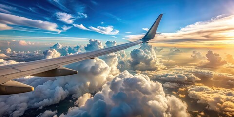 Wall Mural - A breathtaking view of an airplane wing with fluffy cumulus clouds in the background, airplane, window, wing, sky, clouds