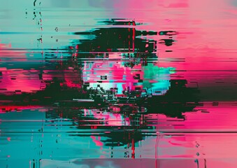 Poster - Blue, mint and pink abstract background with digital glitch distortion. Retro webpunk 80s 90s cyberpunk aesthetic.