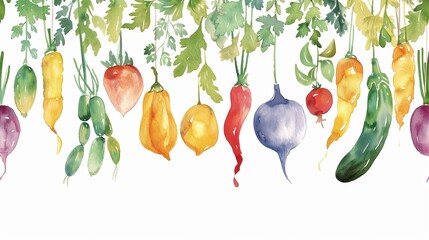 Wall Mural - A watercolor painting of a bunch of vegetables hanging from a wall