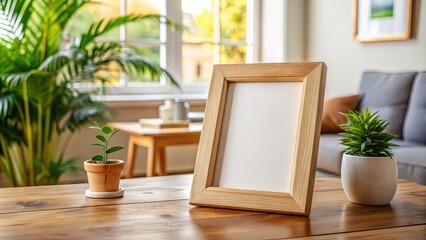 Sticker - A picture frame standing on a wooden table in a cozy home interior, picture frame, table, home, interior, decoration, lifestyle