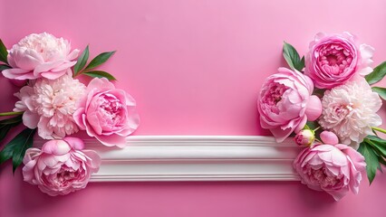 Wall Mural - Beautiful peony flower cornice on pink background, flat lay arrangement with space for text, peony, flowers, cornice, pink