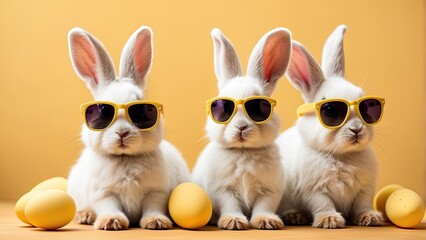 Wall Mural - Two cute little white bunnies with sunglasses on yellow background.Easter concept