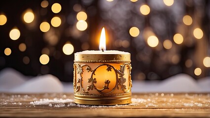 Wall Mural - lit christmas candle on wooden surface with snow and out of focus background with golden lights