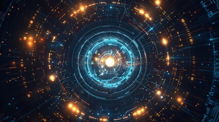 Poster - A 3D rendering of an abstract technology product showcase. A glowing yellow and blue color sci-fi circle circuit UI on a dark background. For technology, big data, deep machine learning,