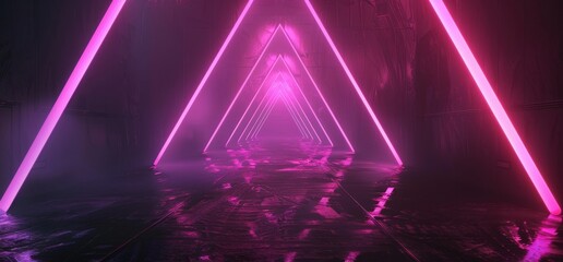 Poster - an empty spaceship background with a neon glowing triangle sphere circle gate portal gradient purple