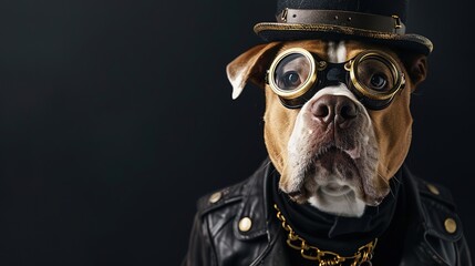 Dapper dog with monocle, hat, jacket, and gold accessories exuding serious elegance and charm