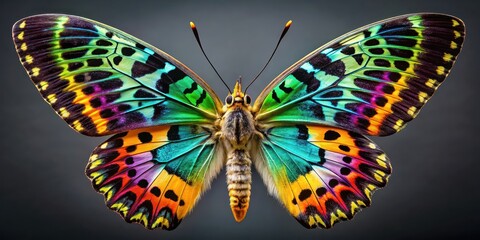 Sticker - Close-Up of a Madagascan Sunset Moth highlighting its vivid, multicolored wing patterns and elegant feathered antennae