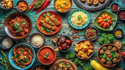 Canvas Print - A top-down view of a table full of colorful and delicious African dishes , African, food, cuisine, meal, dishes, table