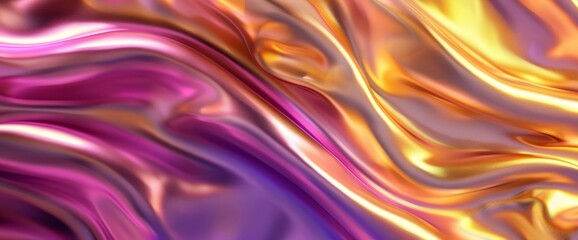 Wall Mural - An abstract background with a bright gold and purple gradient silk fabric in 3D waves