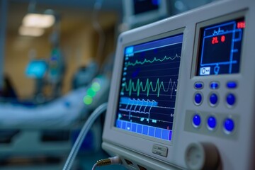 Wall Mural - Closeup view of a vital signs monitor in a hospital's icu, displaying realtime patient data