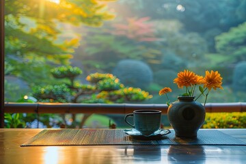 Wall Mural - A vase of flowers sits on a table next to a cup of tea