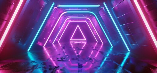 Poster - 3d design of neon glowing triangle sphere circle gate portal gradient purple blue retro alien spaces
