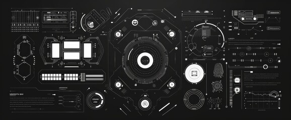 Poster - a set of futuristic hud elements like link boxes, arrows, callouts, headers, pointers, borders, info