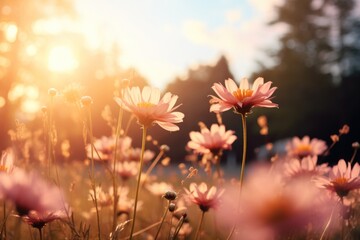 Poster - Wild flowers nature landscape sunlight.