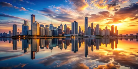 Sticker - Cityscape at sunset with skyscrapers reflecting in water, Cityscape, Sunset, Skyscrapers, Reflecting, Water