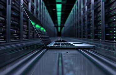 Poster - Modern server room in a data center with laptop for network management and monitoring