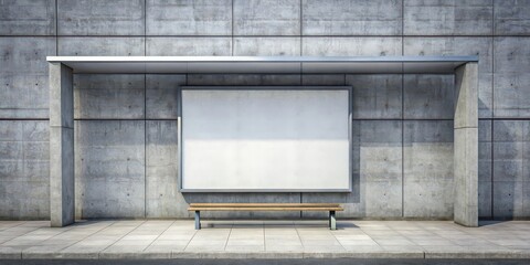 Canvas Print - A blank billboard on a concrete wall with a bench in front , advertising, blank, billboard, urban, city, street, marketing