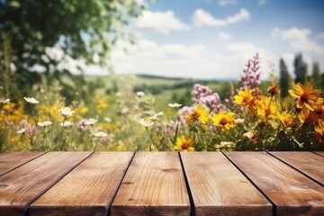 Poster - Wooden table in summer landscape outdoors flower.