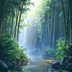 Canvas Print - A lush green forest with a river running through it