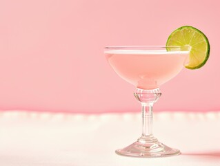 Wall Mural - A pink cocktail in a glass with a lime slice on top