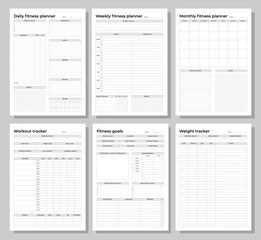 Wall Mural - Fitness planners set. Daily, weekly, monthly fitness planners, workout tracker, fitness goals and weight tracker. A4 printable templates.