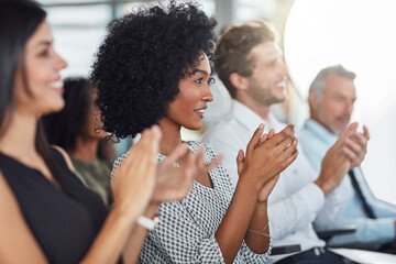 Poster - Clapping, women and smile in seminar, group and audience in event, training and presentation in boardroom. Workshop, applause and celebrating of conference, entrepreneurship and listen to masterclass