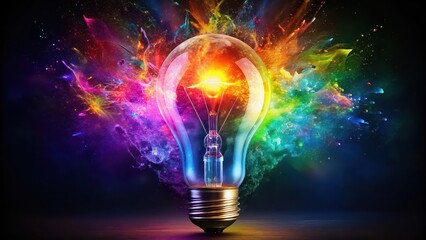 Wall Mural - Colorful light bulb exploding, burst, shattered, explosion, colorful, glass shards, energy, destruction, electric, power