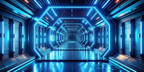 Sticker - Abstract technology background with blue neon lights in futuristic sci-fi tunnel , futuristic, abstract, technology