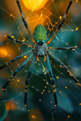 Close-up of a spider in the process of web-building, with threads reflecting a spectrum of colors in the morning light,