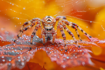 Macro shot of a spider weaving a web against a background of autumn leaves, with warm reds and yellows,