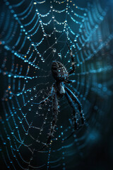 Detailed image of a spider on a web with strands glowing in the moonlight, creating a mystical atmosphere,