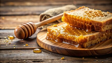 Wall Mural - Closeup of slice of bread with honey drizzled on top next to honeycombs on a wooden table , food, bread, honey, honeycombs