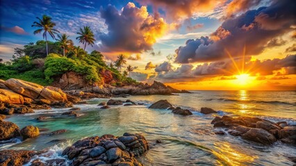 Wall Mural - Beautiful sunset casting warm light on the rocky coast of a tropical island, sunset, coast, island, tropical, beautiful, warm