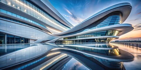 Poster - Bottom angle view of sleek, futuristic architecture , architecture, futuristic, modern, design, building, structure, angle