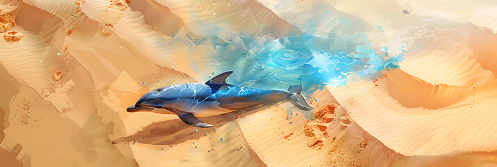 Wall Mural - blue water pool between desert dunes, a baby dolphin in transparent water, the water pool is small for a dolphin