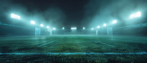 Canvas Print - Spectacular sport stadium with glowing floodlights and empty green grass field. Professional sports background for advertisement