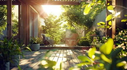 Canvas Print - A lush green garden with a wooden deck and a patio area