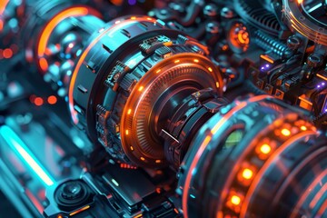 Poster - Detailed 3d render of a scifi machine core illuminated by neon lighting