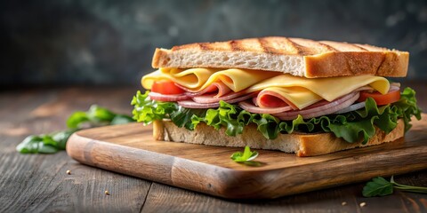 Wall Mural - A delicious ham and cheese sandwich on a wooden cutting board, food, lunch, meal, fresh, bread, deli, sandwich, cheese, ham