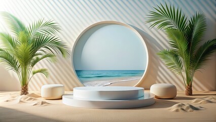 Poster - Abstract minimal display podium with summer beach scene for product or cosmetic presentations, render, abstract, minimal, display