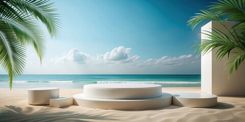 Canvas Print - Abstract minimal display podium with a summer beach scene for product or cosmetic presentations, render, abstract, minimal