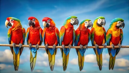 Canvas Print - Colorful drunk parrot birds with large crests sitting on a wire , quirky, cute, colorful, parrots, birds, drunk, party