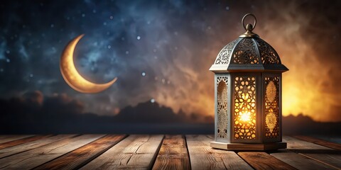 Canvas Print - Arabic Ramadan Lantern on wooden table with crescent moon and stars decoration , Eid-Ul-Adha, festival, celebration