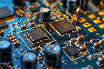 Poster - macro photo of an electronic circuit board with microchips, capacitors, and connectors
