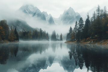 Sticker - Morning mist rising from a lake surrounded by peaks