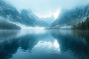 Sticker - Morning mist rising from a lake surrounded by peaks