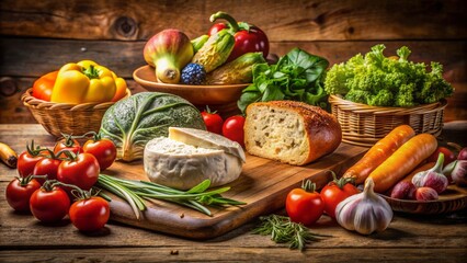 Wall Mural - Fresh vegetables, artisanal cheese, and crusty bread adorn a rustic wooden table, set against a warm, earthy-toned background.