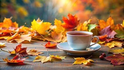 Poster - A serene image of a cup of tea surrounded by colorful autumn leaves, tea, autumn, leaves, fall, beverage, drink, nature