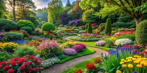 Poster - A serene garden with colorful flowers and lush greenery, garden, nature, outdoors, plants, flowers, colorful, serene